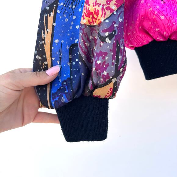 Vintage Picasso Art Bomber Jacket Bright Pink Sequins 1980s Festival Large - Picture 6 of 7